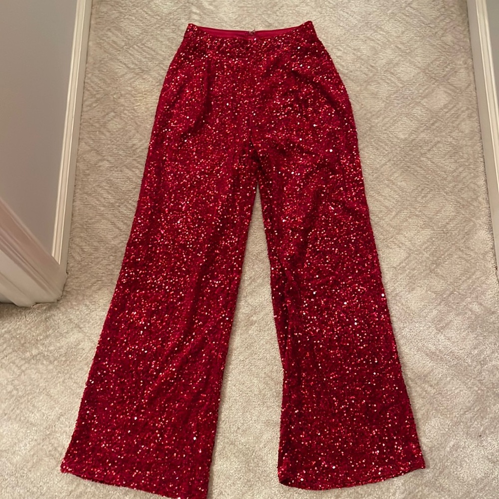 Red Sequin High Waist Pants